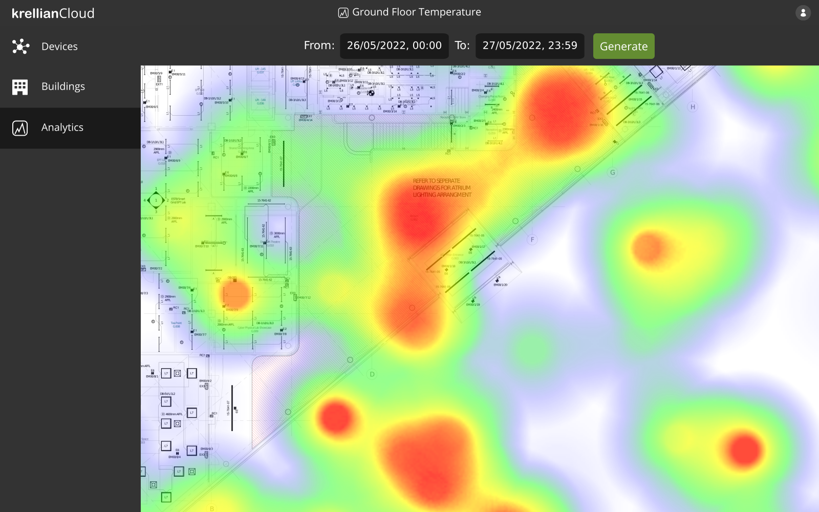 Screenshot of the Krellian Cloud user interface showing a heat map superimposed over the floorplan of large building