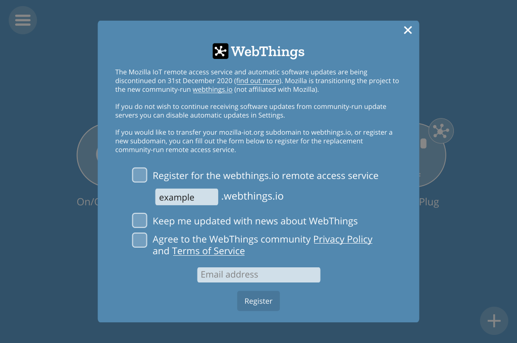 WebThings Gateway transition prompt