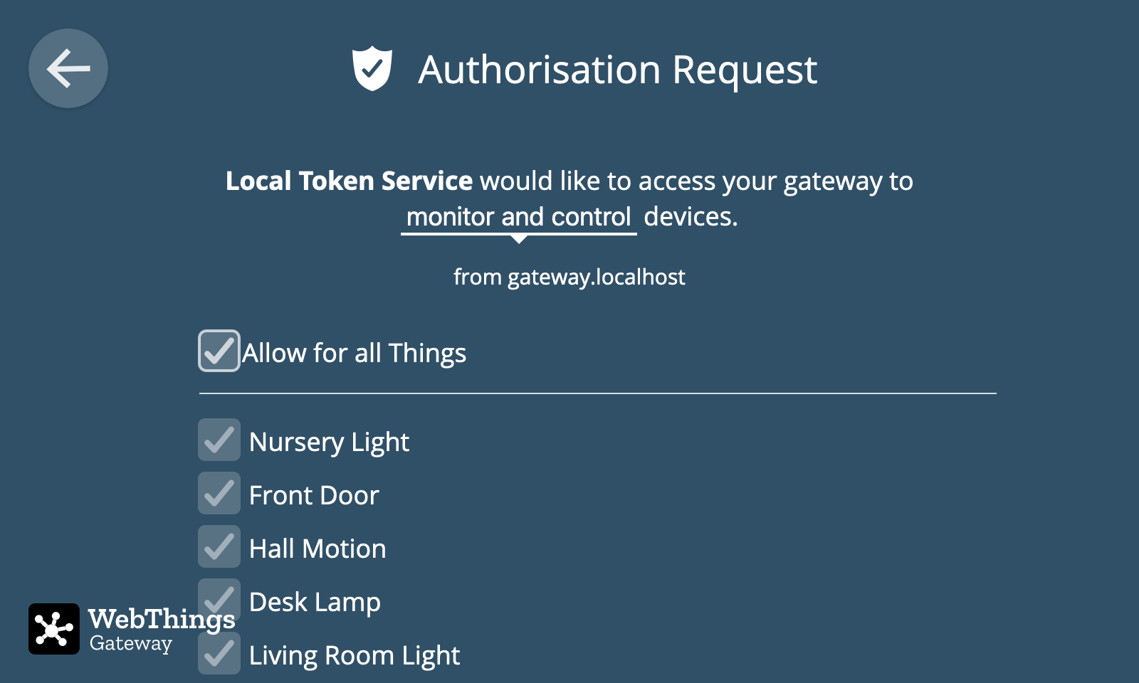 Screenshot of the Authorisation Request screen with a dropdown to choose the level of access and checkboxes for each device