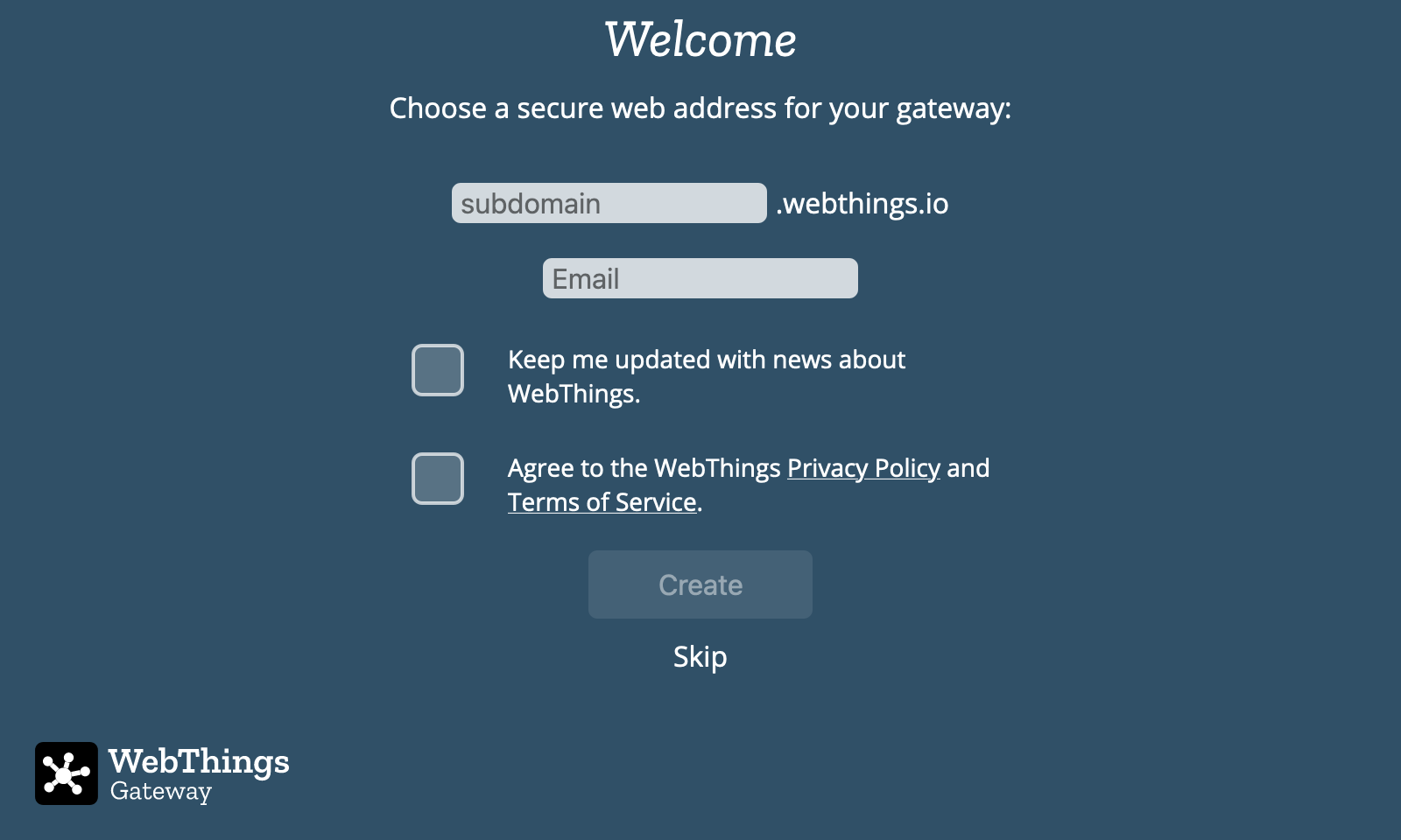 A screenshot showing a form to choose a subdomain of webthings.io and enter an email address