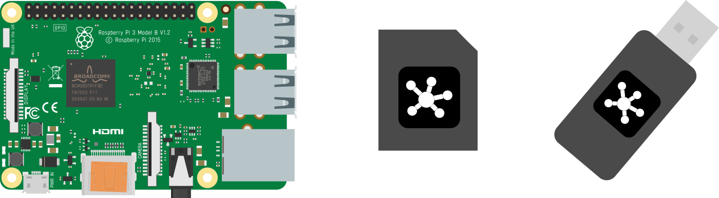 Illustration of a Raspberry Pi single board computer, a microSD card and a USB dongle