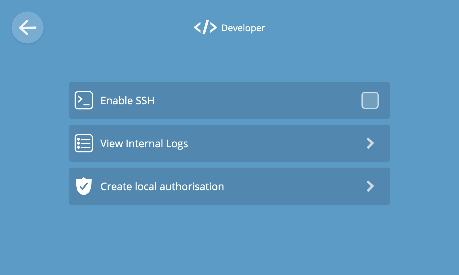 Screenshot of developer settings
