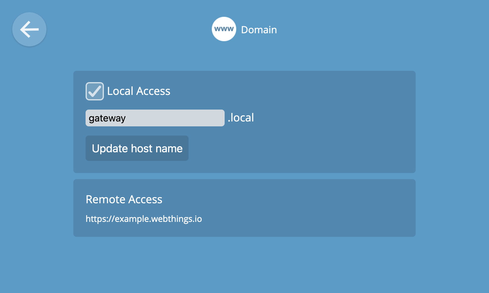 Screenshot showing the domain settings view, with a text box and checkbox to configure the local domain, and information about remote access