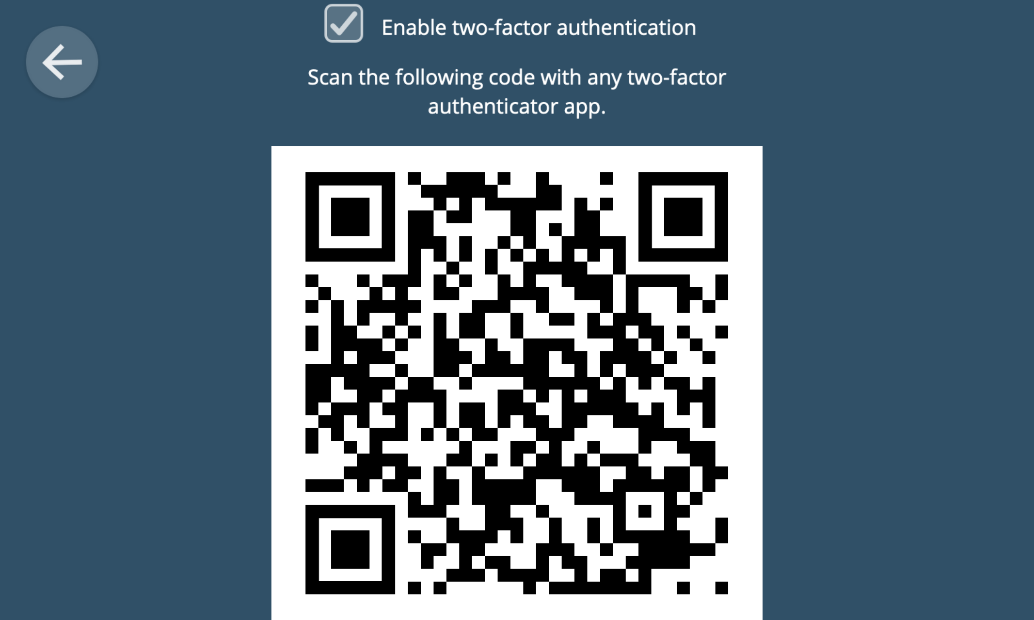 Screenshot showing the two-factor authentication option ticked, and a QR code
