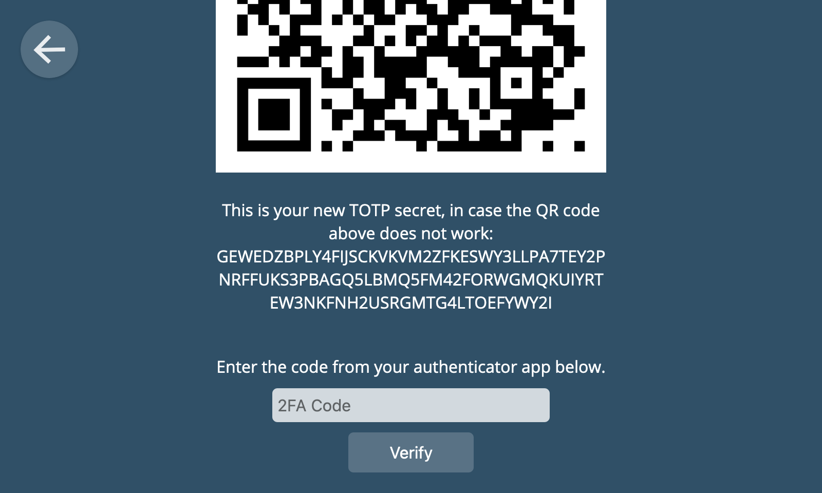 Screenshot showing a TOTP secret and a text box to enter a verification code