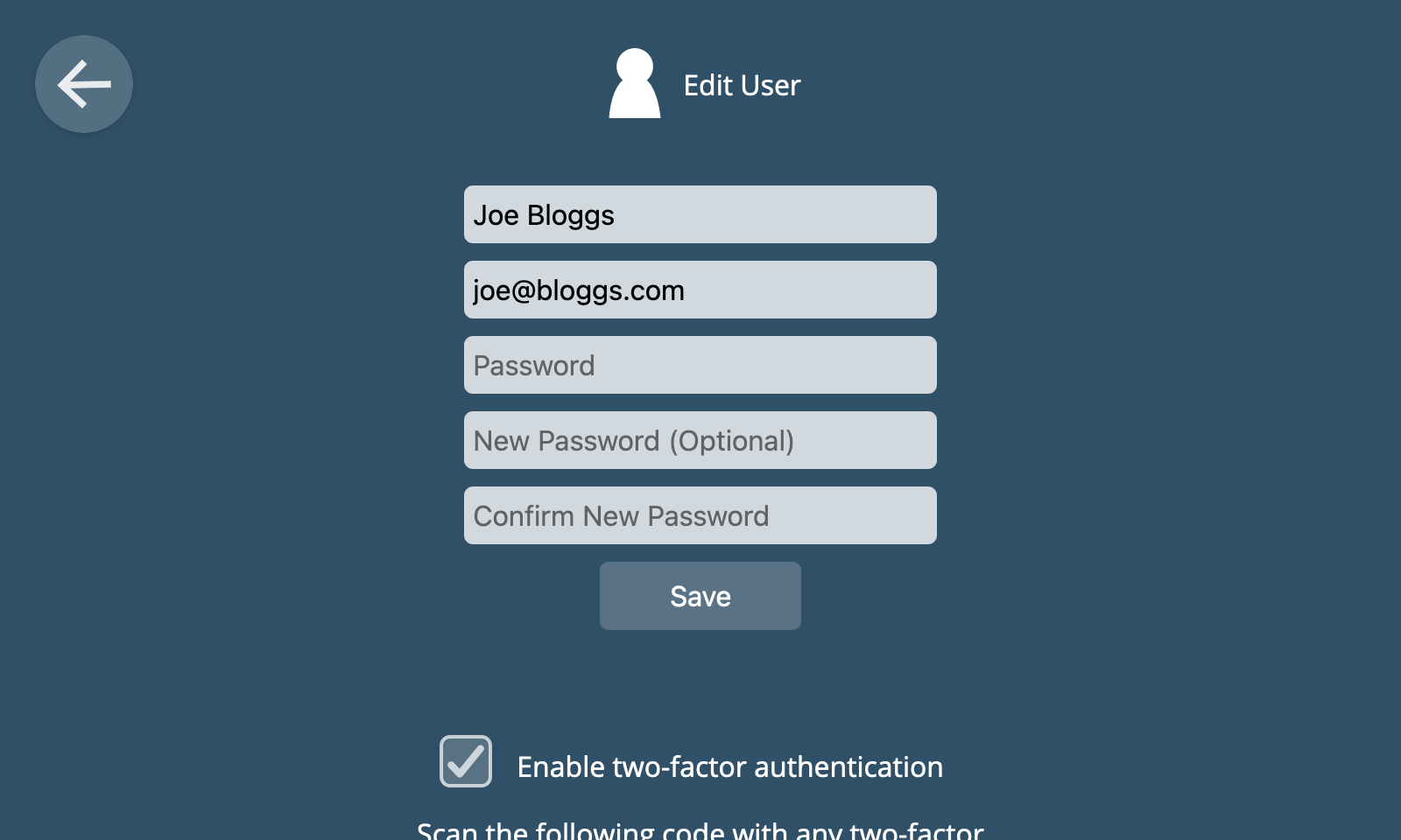 Screenshot showing the edit user screen with the two-factor authentication checkbox ticked