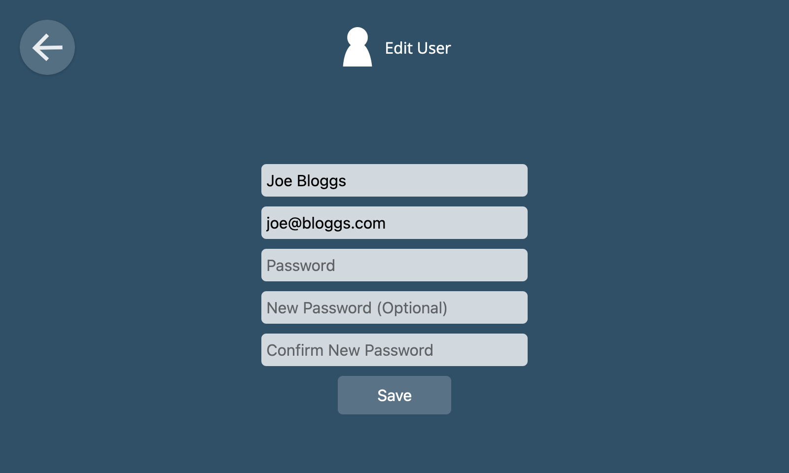 Screenshot of the edit user screen, with a form to edit the name, email and password of the user