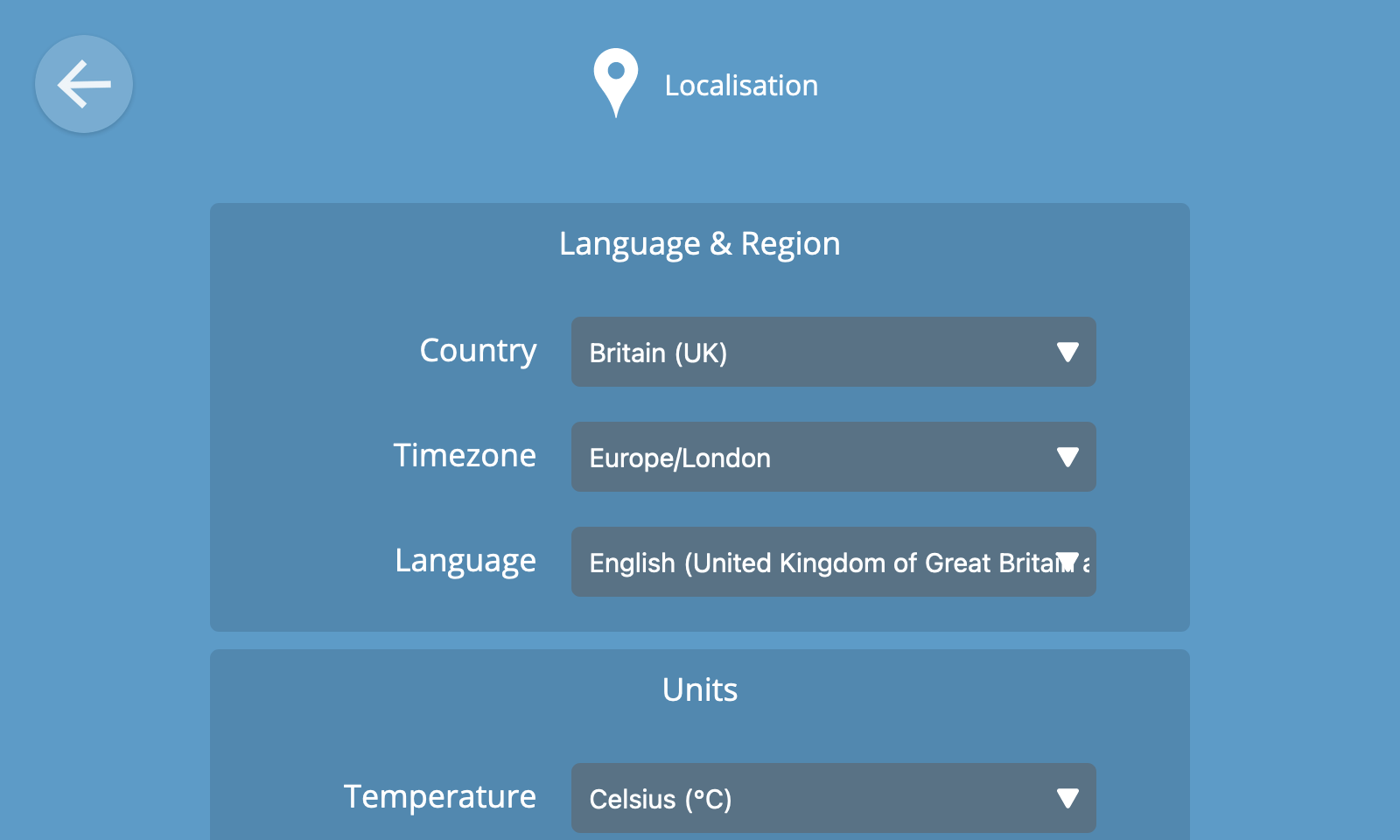 Screenshot of the localisation settings view