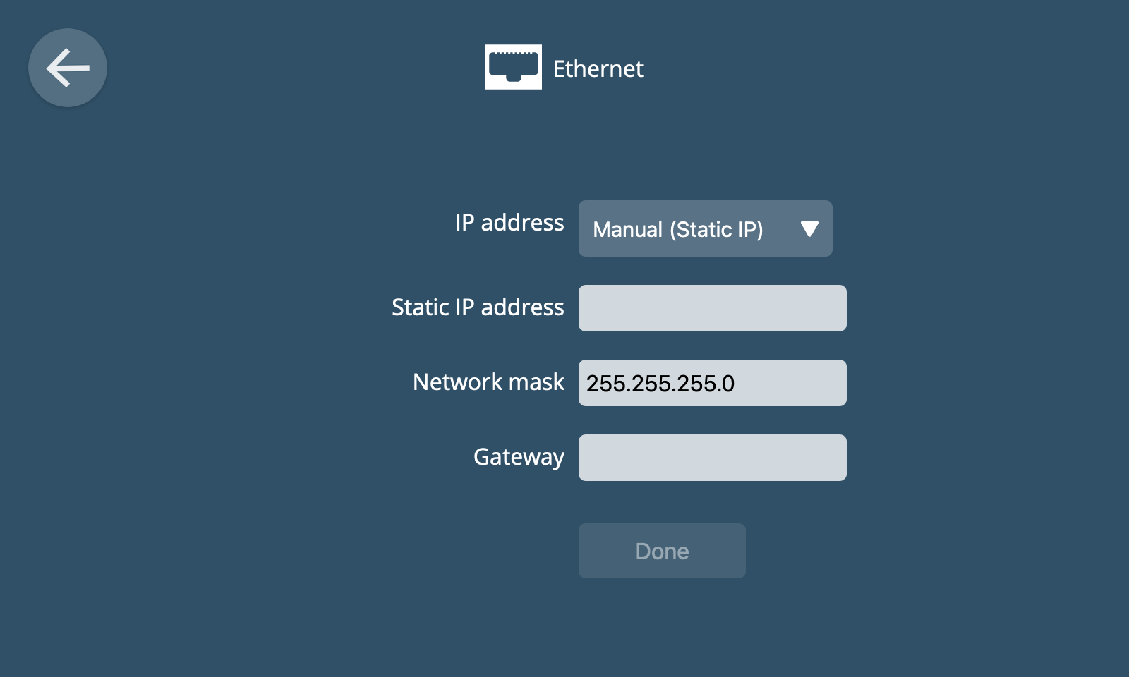 Screenshot of Ethernet settings with the manual option selected, with a form to configure a static IP address