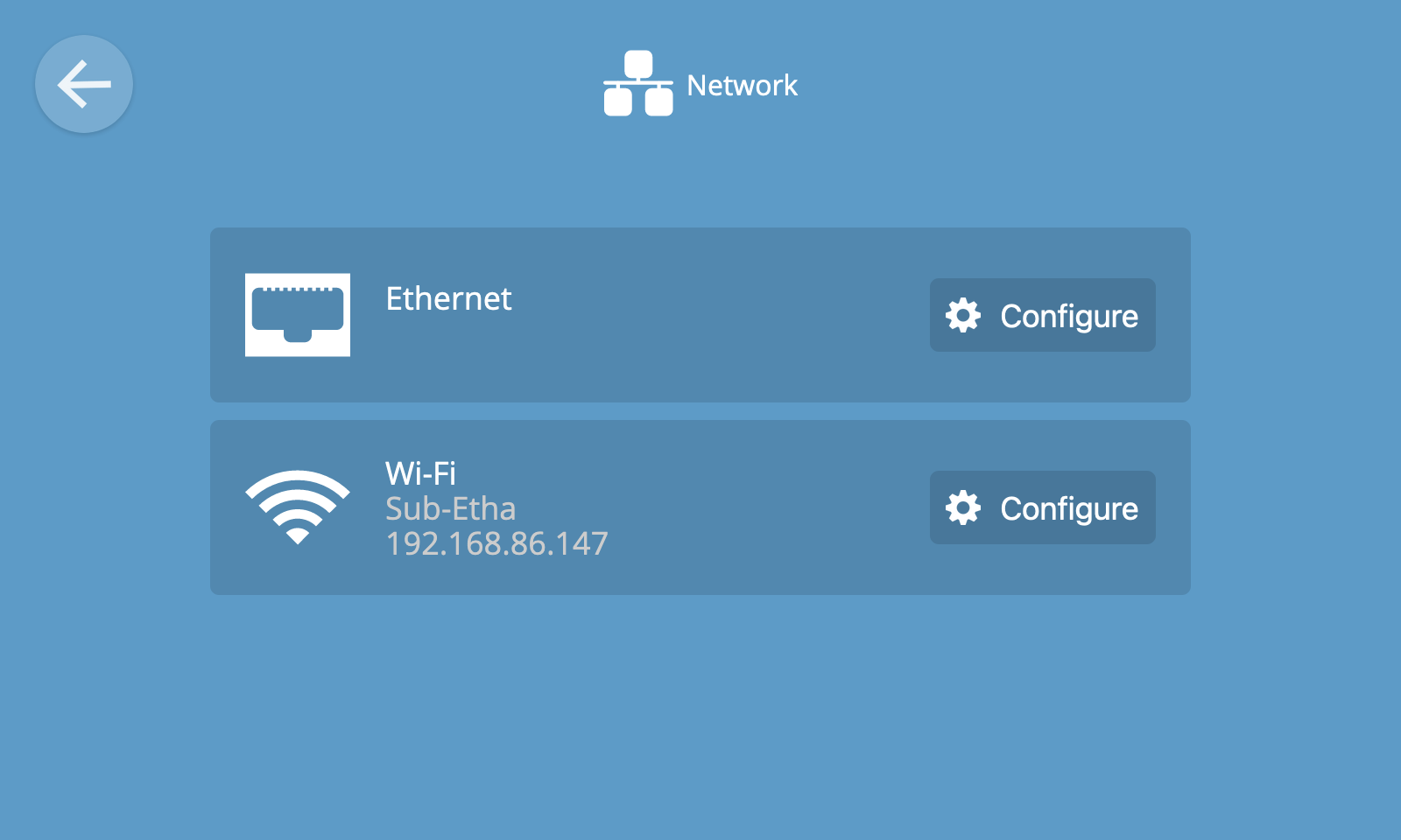 Screenshot showing the Network Settings view, which shows an overview of current Ethernet and Wi-Fi settings, and buttons to configure them