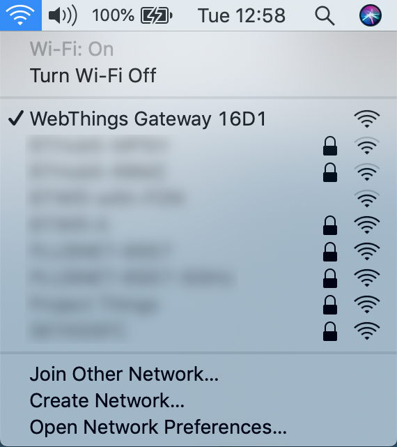 A screenshot from a desktop operating system showing the user selecting a Wi-Fi hotspot called WebThings Gateway 16D1