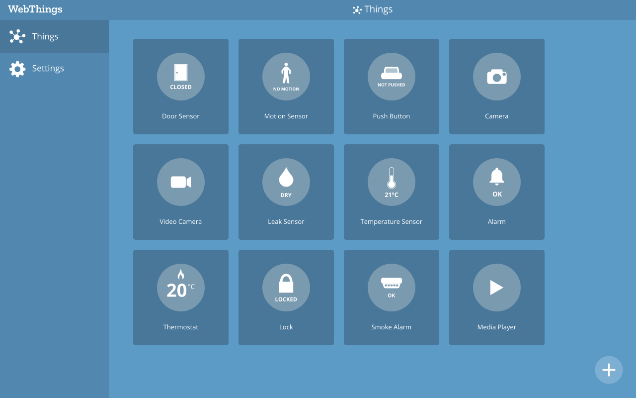 A UI mockup of the WebThings Desktop App showing a collection of Things
